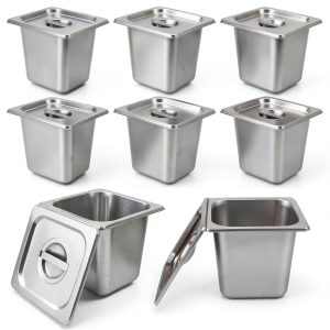 8 Packs Stainless Steel Hotel Pans 1/6 Size x 6" Deep Steam Table Pan with Lids Commercial Food Storage Containers Stackable Metal Steamer Pan Anti-Jam Hotel Pan Restaurant Warm Pans for Buffet Party-0