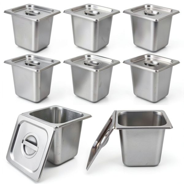 8 Packs Stainless Steel Hotel Pans 1/6 Size x 6" Deep Steam Table Pan with Lids Commercial Food Storage Containers Stackable Metal Steamer Pan Anti-Jam Hotel Pan Restaurant Warm Pans for Buffet Party-0