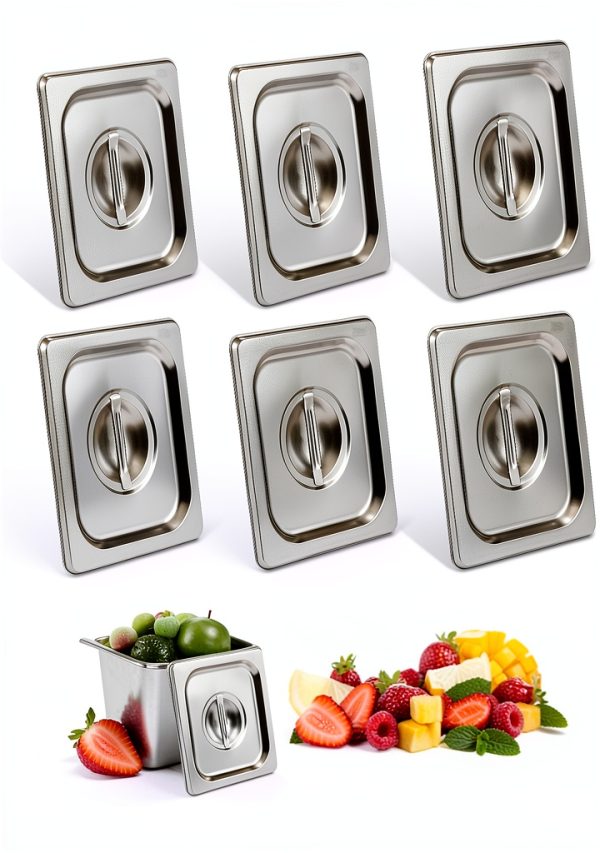 6 Pcs Notched Hotel Pan Cover Stainless Steel 1/6 Size Food Pan Lids with Handle Steam Pan Covers for Restaurant Hotel Commercial Food Storage Containers Covers-0