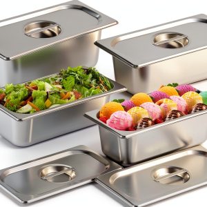 BSTKEY 4 Pack 1/3 Size 3-5/8" Depth Hotel Pan with Lids, Stainless Steel Steam Table Pan, Stackable Metal Catering Pans Commercial Food Pans for Kitchen Restaurant Buffet Party Supplies-0