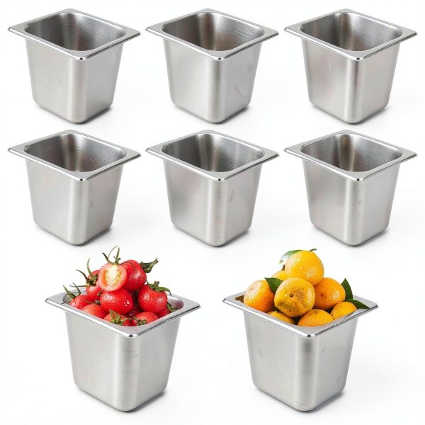 8 Packs Stainless Steel Hotel Pans 1/6 Size x 6" Deep Steam Table Pan with Lids Commercial Food Storage Containers Stackable Metal Steamer Pan Anti-Jam Hotel Pan Restaurant Warm Pans for Buffet Party-7